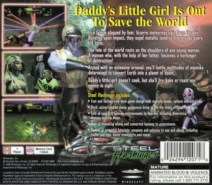 Steel Harbinger retro sci-fi action shooter game for PlayStation 1 (PS1) back of case