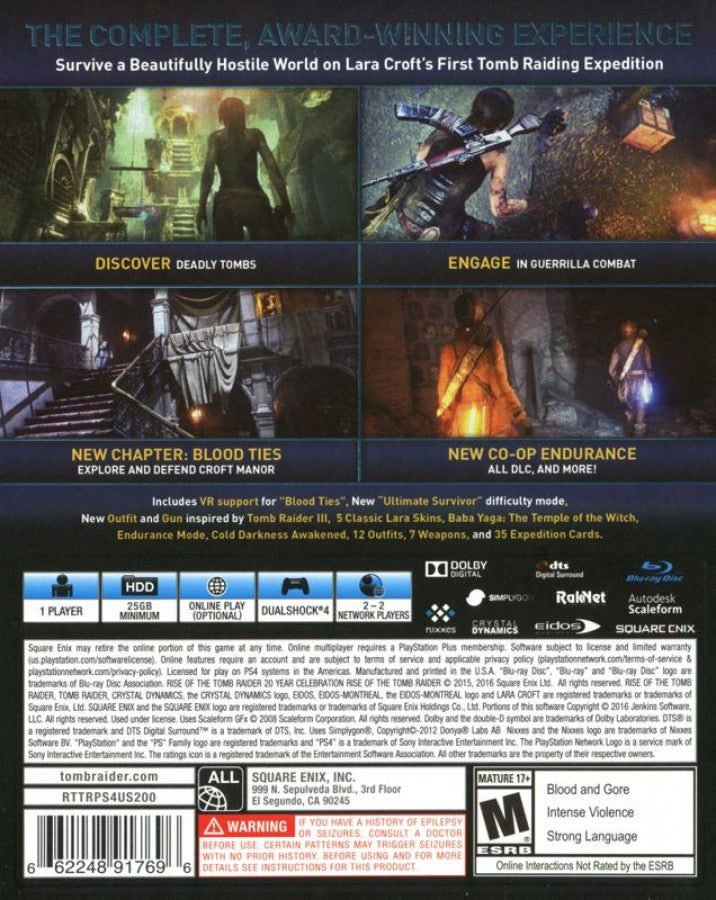 Rise of the Tomb Raider [20th Anniversary Celebration] – PlayStation 4 (PS4) video game cover back of case, action-adventure