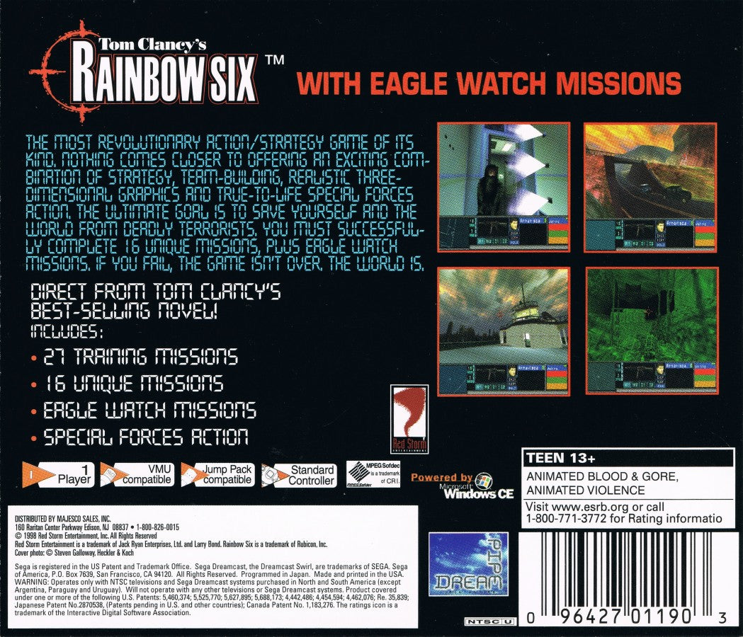 Tom Clancys Rainbow Six retro PlayStation 1 video game featuring tactical shooter gameplay, military squad combat, strategic missions and classic PS1 entertainment - back of case