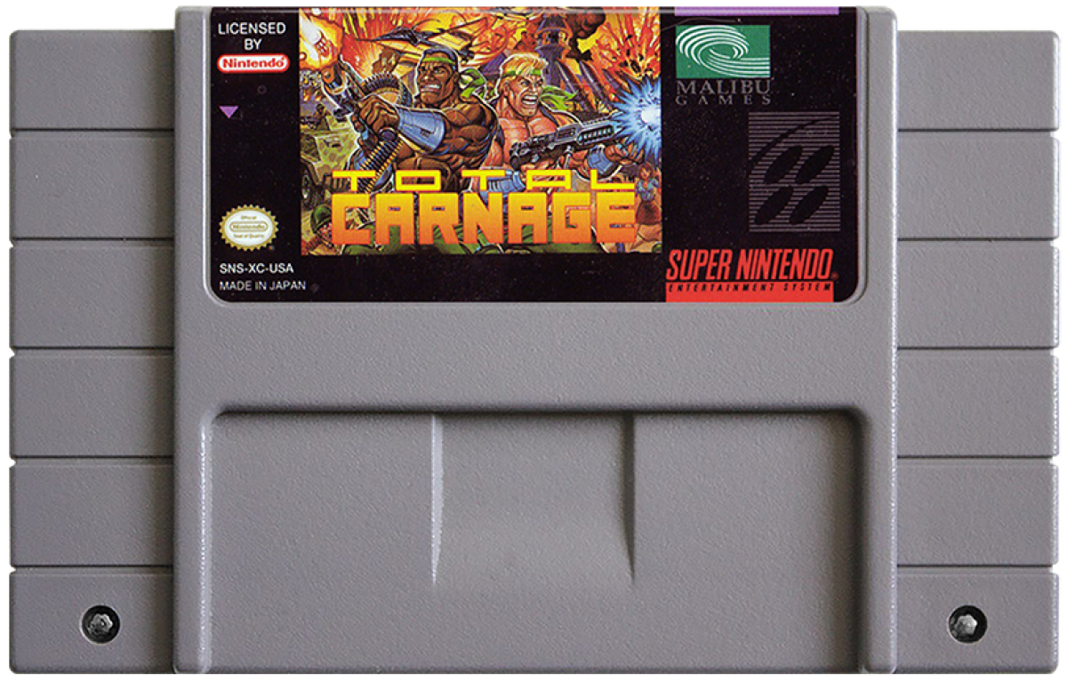 Total Carnage for Super Nintendo top down run and gun arcade shooter featuring explosive action rescue missions power ups and two player co op gameplay cartridge