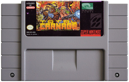 Total Carnage for Super Nintendo top down run and gun arcade shooter featuring explosive action rescue missions power ups and two player co op gameplay cartridge