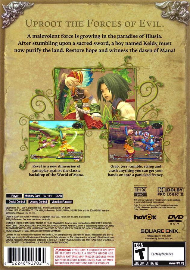 Dawn of Mana PlayStation 2 PS2 action role playing video game featuring fantasy adventure real-time combat exploration magical abilities powerful enemies environmental interaction character development story-driven gameplay and classic PlayStation 2 PS2 gameplay collectible retro gaming appeal gameplay back cover art