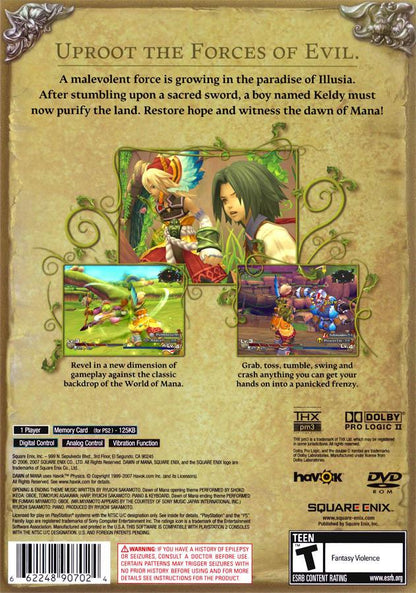 Dawn of Mana PlayStation 2 PS2 action role playing video game featuring fantasy adventure real-time combat exploration magical abilities powerful enemies environmental interaction character development story-driven gameplay and classic PlayStation 2 PS2 gameplay collectible retro gaming appeal gameplay back cover art
