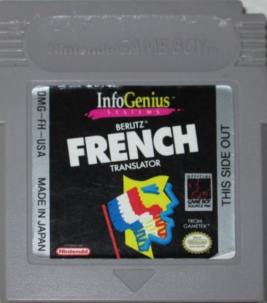 Berlitz French Translator retro Game Boy video game Berlitz French Translator educational language learning handheld software travel phrase translator vocabulary practice portable release cartridge
