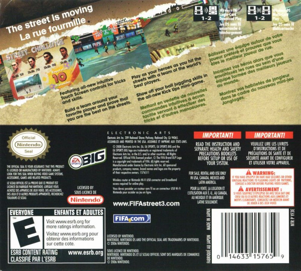 FIFA Street 3 Nintendo DS back of case for retro video game featuring arcade style street soccer gameplay, trick moves, fast paced matches, stylized football stars, and portable sports action on the Nintendo DS handheld system