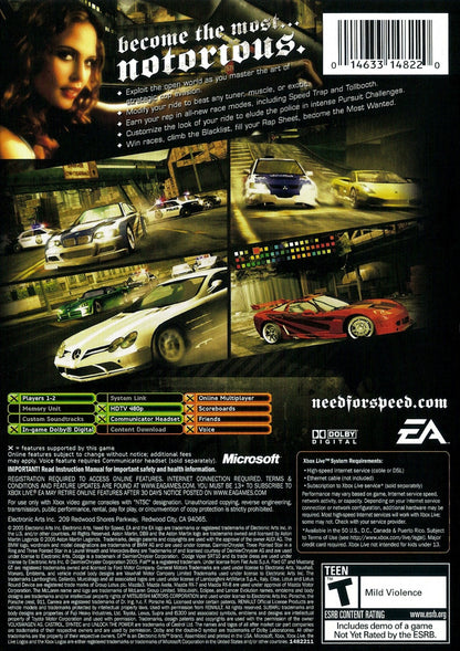 Need for Speed: Most Wanted for Xbox (XBOX) at Gamers INC, featuring high-stakes street racing and intense police pursuits as you climb the Blacklist to become the most notorious racer in Rockport City gameplay screenshot