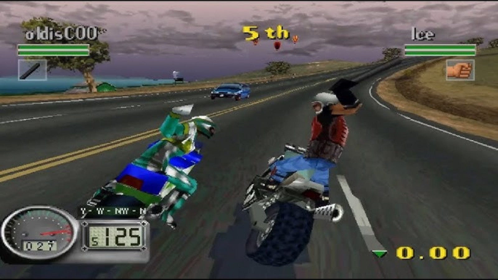 Road Rash 3D PS1 inspired design featuring high speed motorcycle racing combat aesthetic chaotic street races aggressive biker battles open road action arcade style gameplay rebellious attitude nostalgic PlayStation racing presentation gameplay 