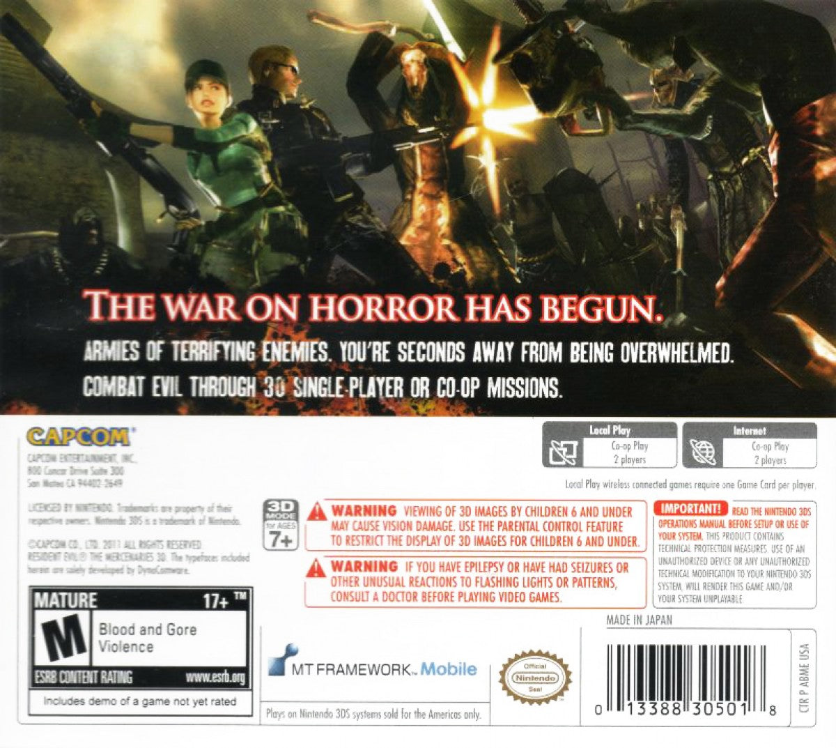 Resident Evil The Mercenaries 3D Nintendo 3DS video game featuring intense survival horror action fast paced arcade style missions classic Resident Evil characters cooperative multiplayer and Capcom handheld shooter experience back cover