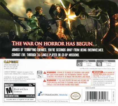Resident Evil The Mercenaries 3D Nintendo 3DS video game featuring intense survival horror action fast paced arcade style missions classic Resident Evil characters cooperative multiplayer and Capcom handheld shooter experience back cover