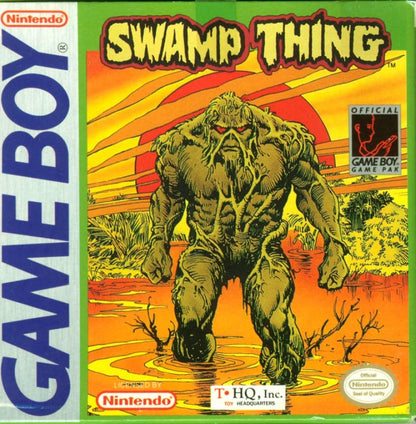 Swamp Thing for Game Boy, cover image for a side-scrolling action platformer video game with swamp-themed levels, enemy combat, obstacle navigation, and comic-inspired gameplay