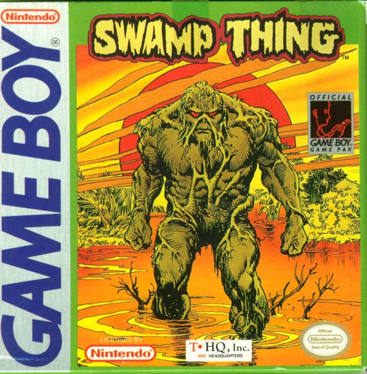 Swamp Thing for Game Boy, cover image for a side-scrolling action platformer video game with swamp-themed levels, enemy combat, obstacle navigation, and comic-inspired gameplay