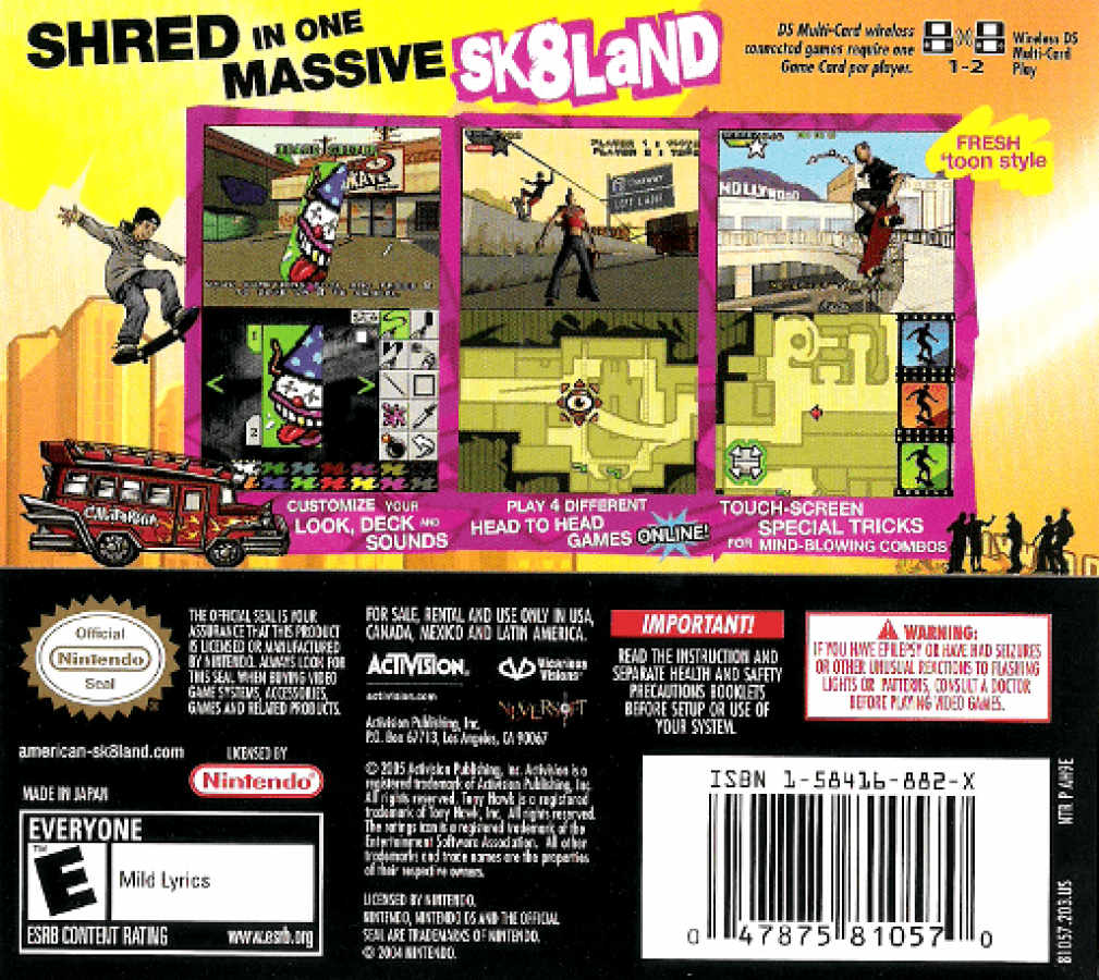 Tony Hawk's American Sk8land back cover art for Nintendo DS (DS) video game