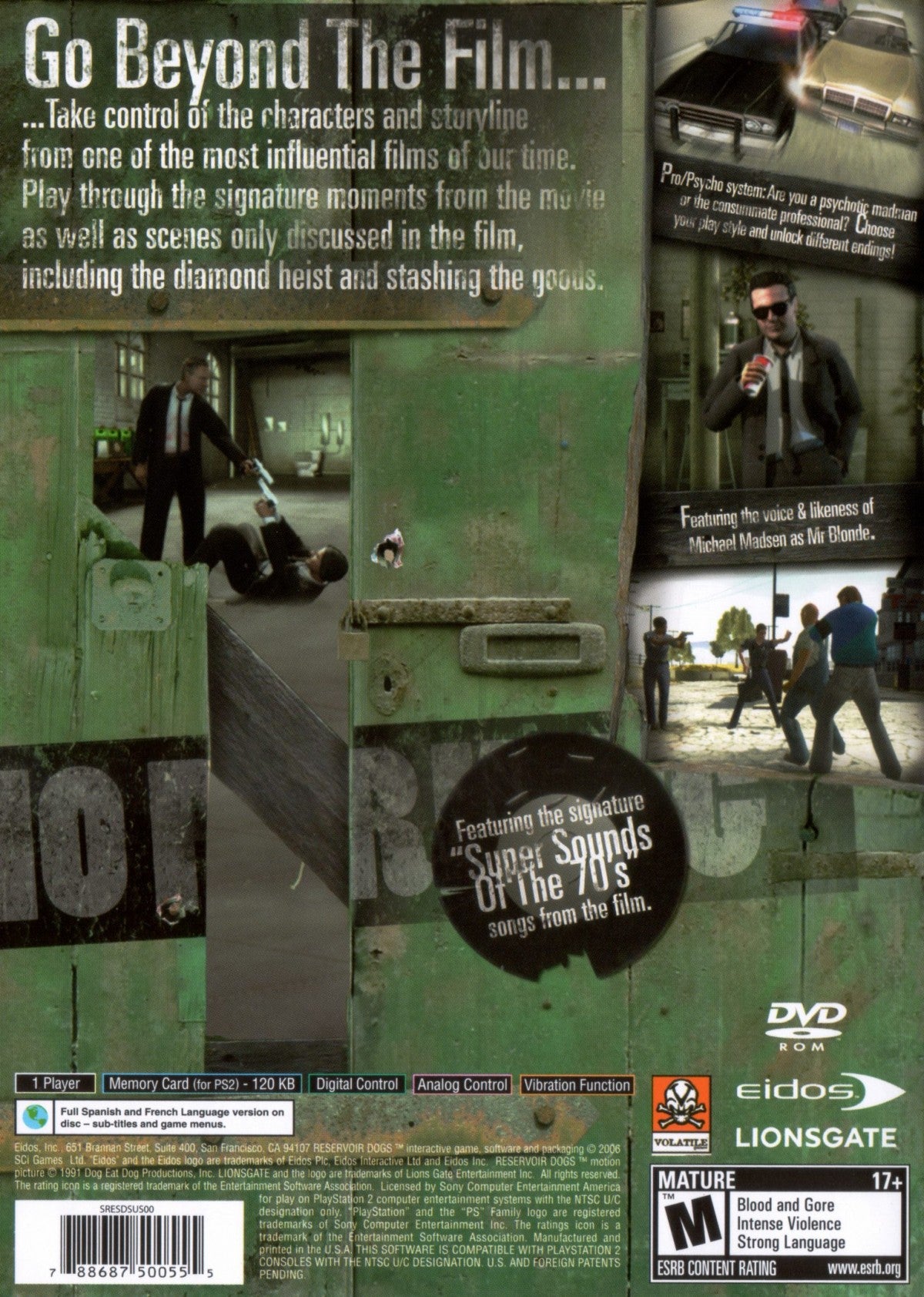 Reservoir Dogs PlayStation 2 third-person shooter action video game based on Quentin Tarantino film heist narrative tactical gameplay interrogation sequences driving levels non-linear storytelling Eidos interactive movie license gritty crime drama back cover