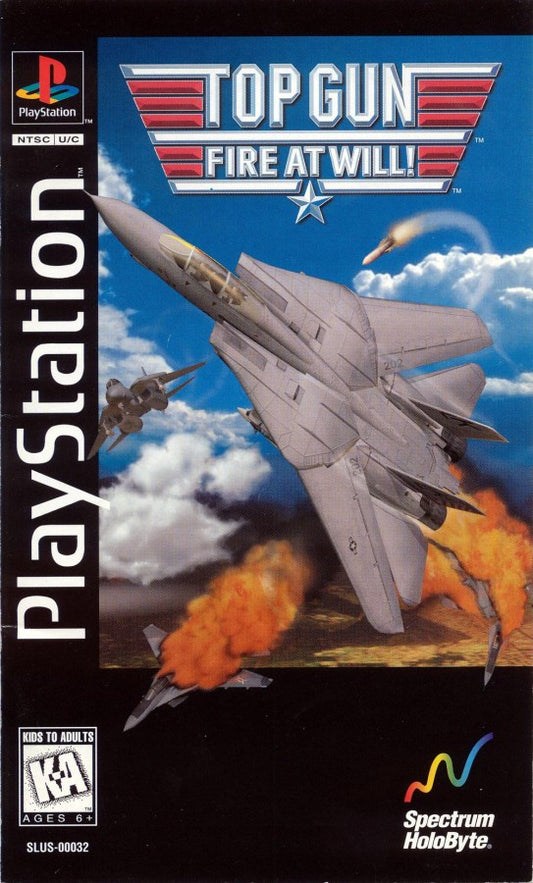 Top Gun Fire at Will PS1 PlayStation 1 flight combat simulator arcade jet fighter dogfighting action game retro video game cover art long box edition