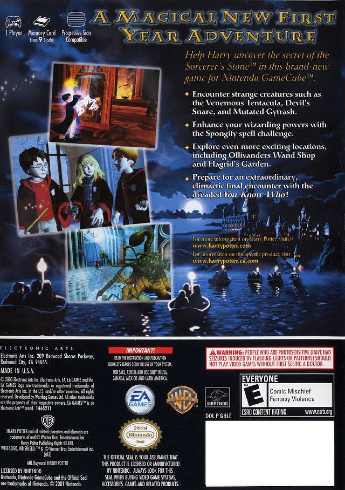 Harry Potter and the Sorcerer’s Stone for GameCube featuring magical adventure gameplay set in the wizarding world back cover art