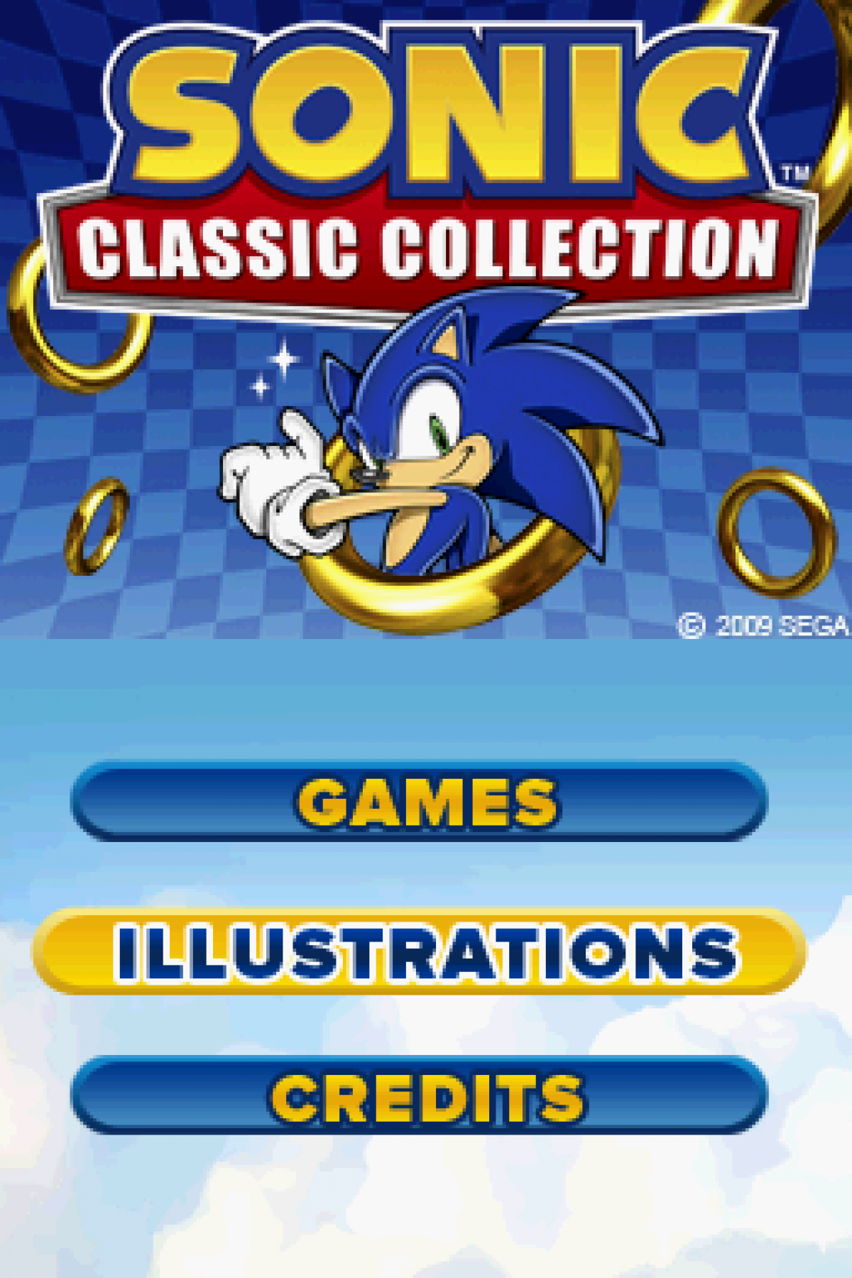 Sonic Classic Collection Nintendo DS cartridge case art showcasing classic games Sonic the Hedgehog, Sonic the Hedgehog 2, Sonic the Hedgehog 3, Sonic & Knuckles, and Sonic the Hedgehog Spinball main menu title screen