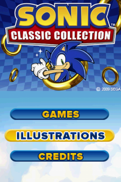 Sonic Classic Collection Nintendo DS cartridge case art showcasing classic games Sonic the Hedgehog, Sonic the Hedgehog 2, Sonic the Hedgehog 3, Sonic & Knuckles, and Sonic the Hedgehog Spinball main menu title screen