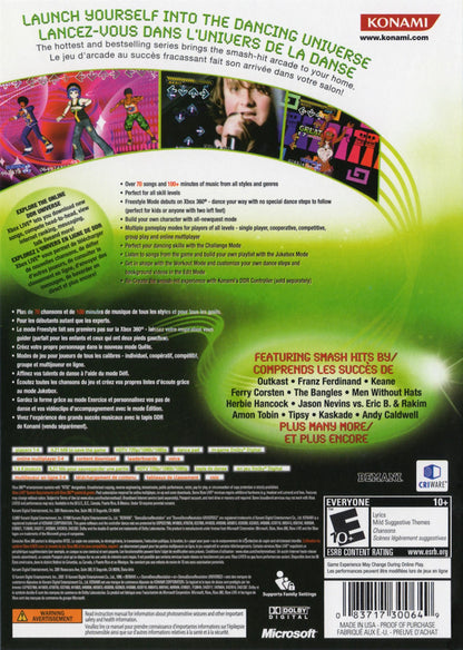 Dance Dance Revolution Universe 2 Xbox 360 cover art for retro video game enthusiasts featuring rhythm based dance gameplay timed step mechanics music track variety arcade style input system energetic visual presentation and party focused competitive rhythm game experience and collectible gaming appeal  back cover art