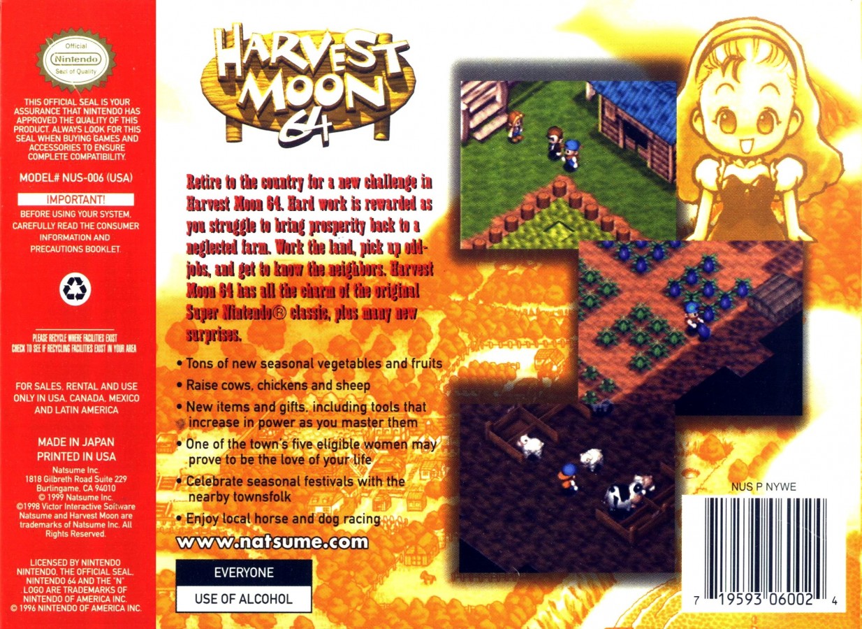 Harvest Moon 64 for Nintendo 64 farming simulation RPG featuring crop growing livestock raising marriage system seasonal events village life gameplay back cover