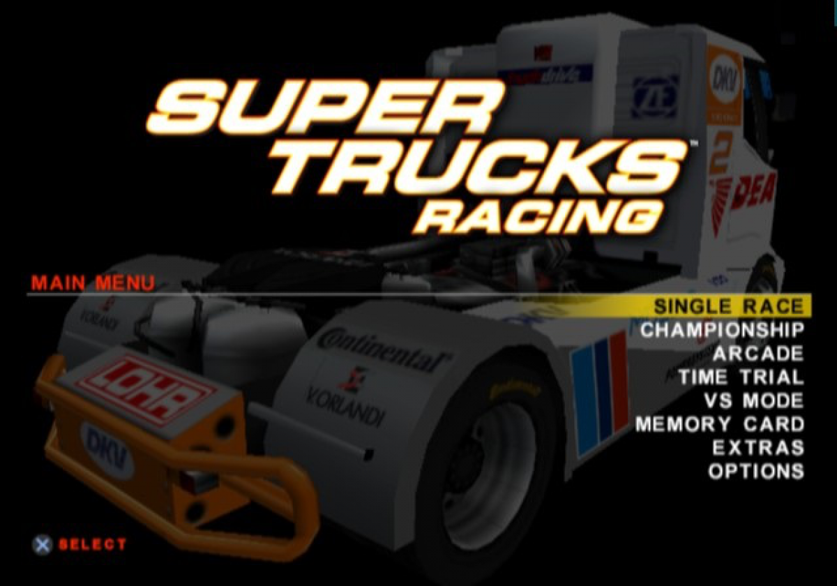 Super Trucks Racing – PlayStation 2 (PS2) video game title screen, truck racing simulation.