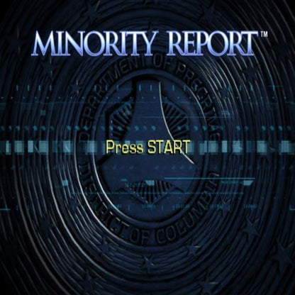 Minority Report title screen for PlayStation 2 (PS2) featuring futuristic third‑person action gameplay with explosive combat, jetpack sequences, and destructible environments.