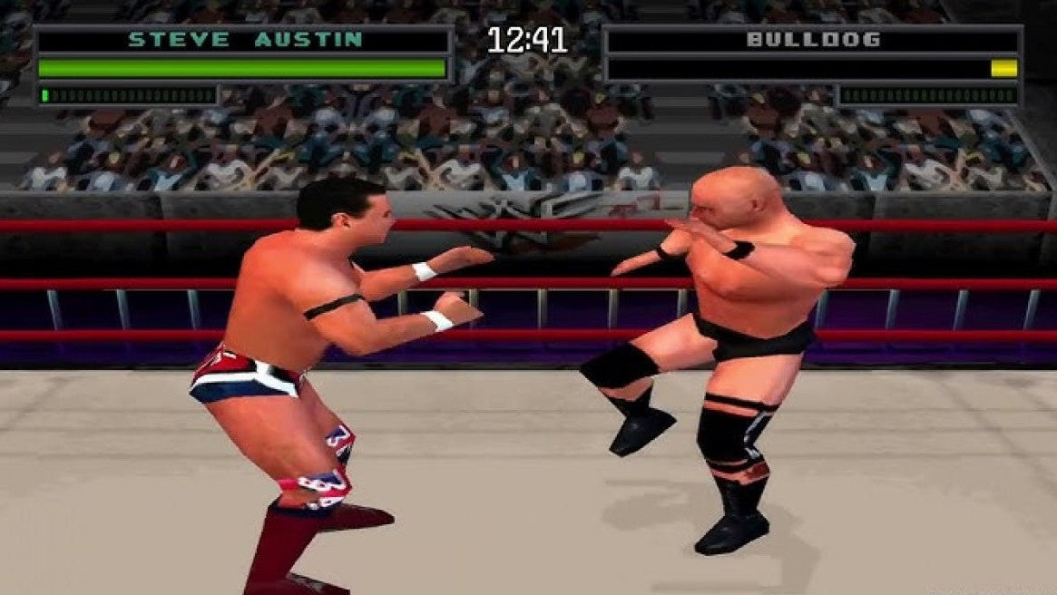 WWF War Zone game for the PlayStation featuring professional wrestling gameplay with a roster of WWF superstars create a wrestler mode multiple match types and arcade style combat based on late 90s wrestling entertainment gameplay