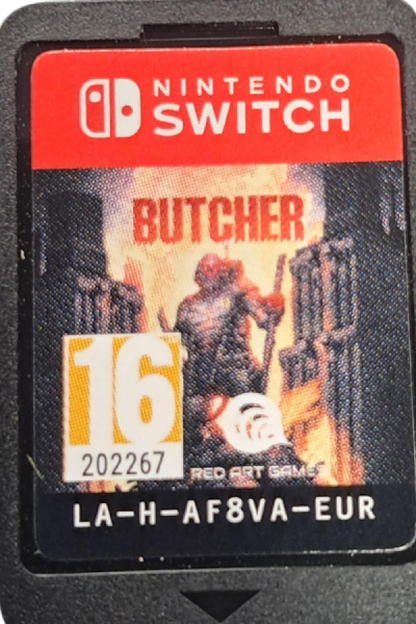 Butcher PAL Import Nintendo Switch inspired design featuring brutal action platform shooter aesthetic relentless side scrolling combat dark industrial environments pixel art visuals intense enemy encounters fast paced gameplay and retro inspired arcade challenge presentation cartrdige