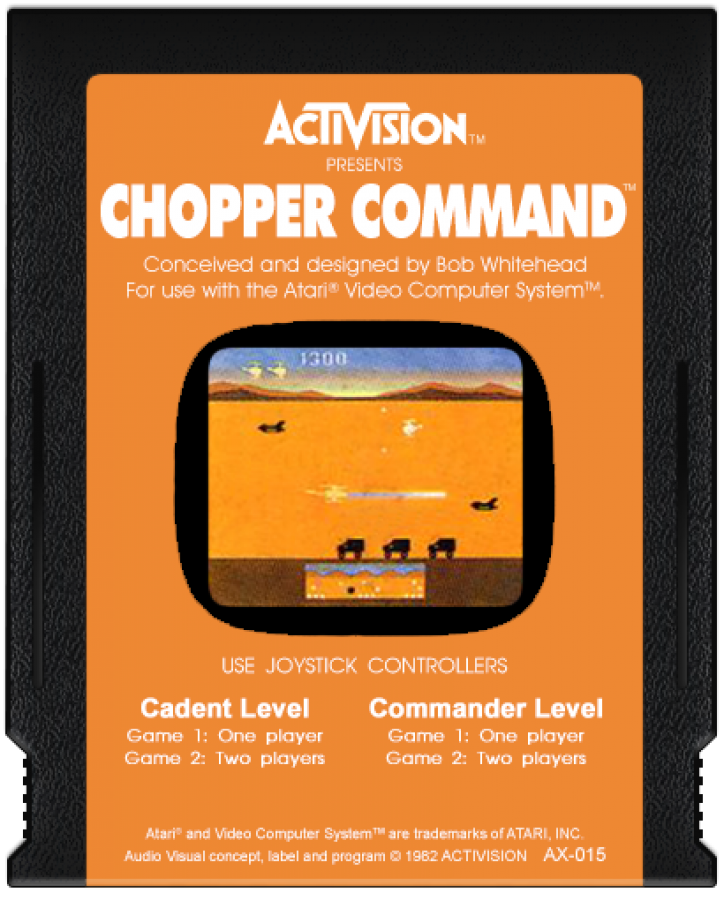 Chopper Command cartridge art for Atari 2600 video game 