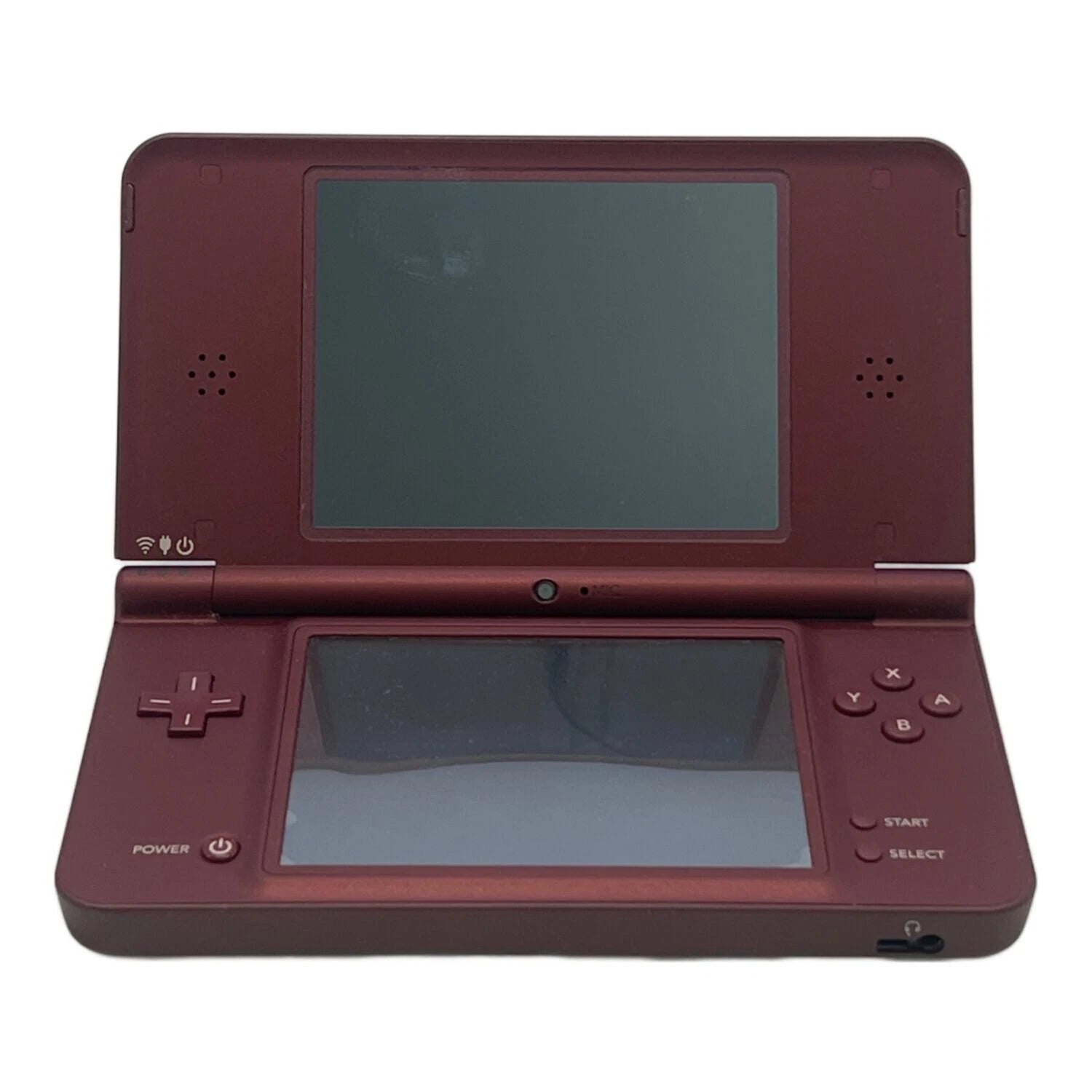 Nintendo DSi XL handheld console in Burgundy Wine dual screen portable gaming system larger screens size Good Condition used tested stylus included SD card slot backwards compatible with Nintendo DS game cards cameras DSiWare functionality flip design