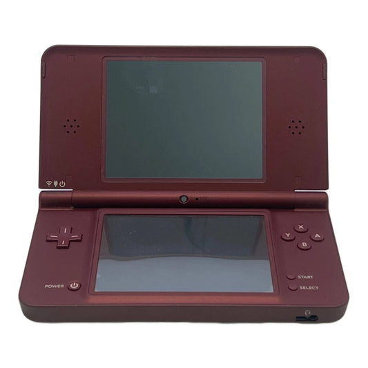 Nintendo DSi XL handheld console in Burgundy Wine dual screen portable gaming system larger screens size Good Condition used tested stylus included SD card slot backwards compatible with Nintendo DS game cards cameras DSiWare functionality flip design