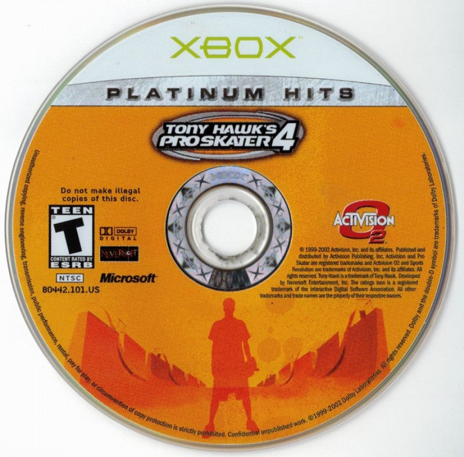 Xbox Platinum Hits Tony Hawk’s Pro Skater 4 featuring extreme skateboarding action with professional skaters disc
