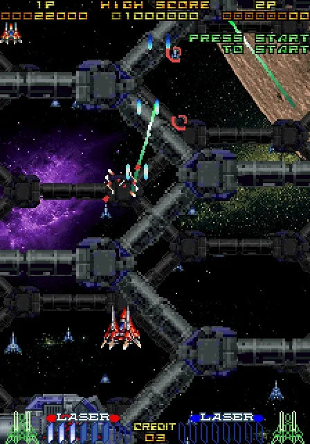 Galactic Attack Sega Saturn vertical scrolling shoot em up shmup arcade space shooter layered sprite graphics fast paced enemy waves power ups sci fi spaceship combat Taito arcade classic retro gaming Sega Saturn software video game title gameplay