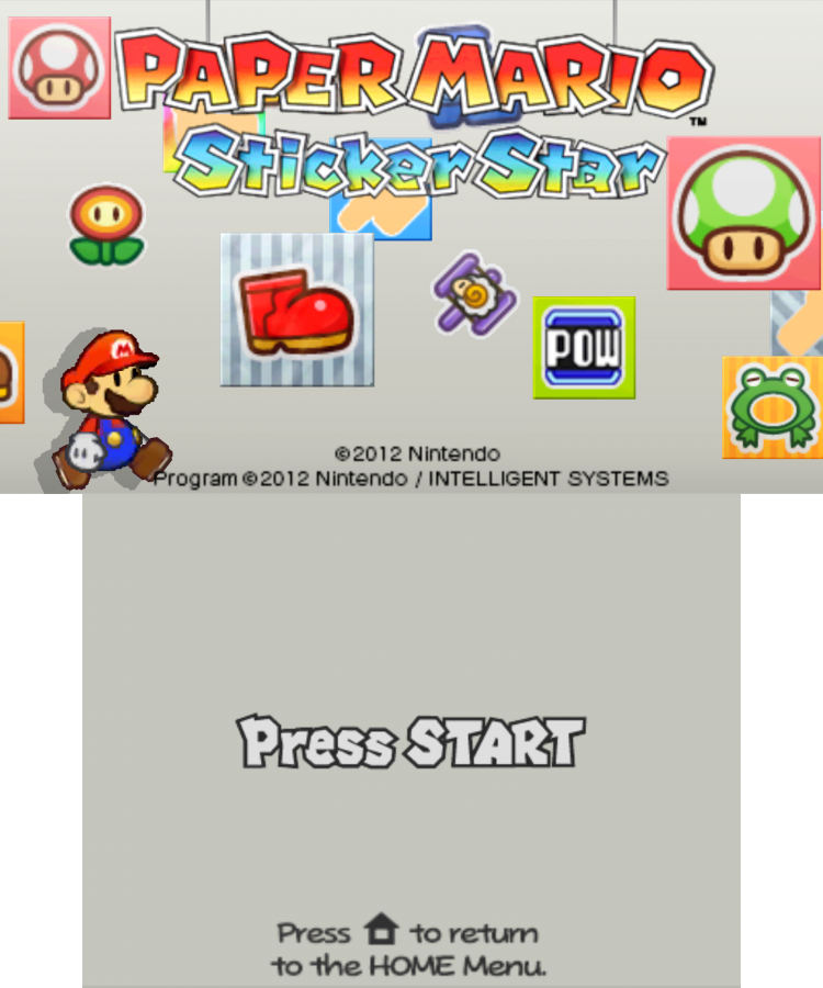 Paper Mario: Sticker Star start screen for Nintendo 3DS (3DS) role-playing adventure video game