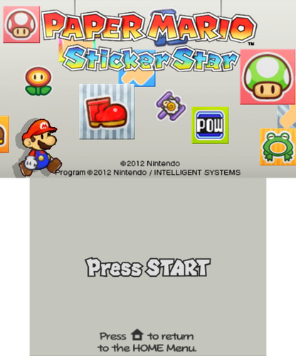 Paper Mario: Sticker Star start screen for Nintendo 3DS (3DS) role-playing adventure video game