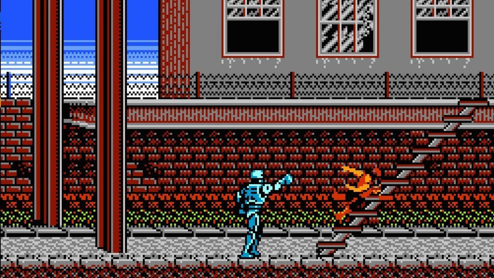 RoboCop NES Nintendo Entertainment System action platformer shooter side scrolling gameplay crime fighting cyborg police Detroit arcade style Data East retro 8 bit gaming cartridge video game title gameplay
