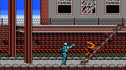 RoboCop NES Nintendo Entertainment System action platformer shooter side scrolling gameplay crime fighting cyborg police Detroit arcade style Data East retro 8 bit gaming cartridge video game title gameplay