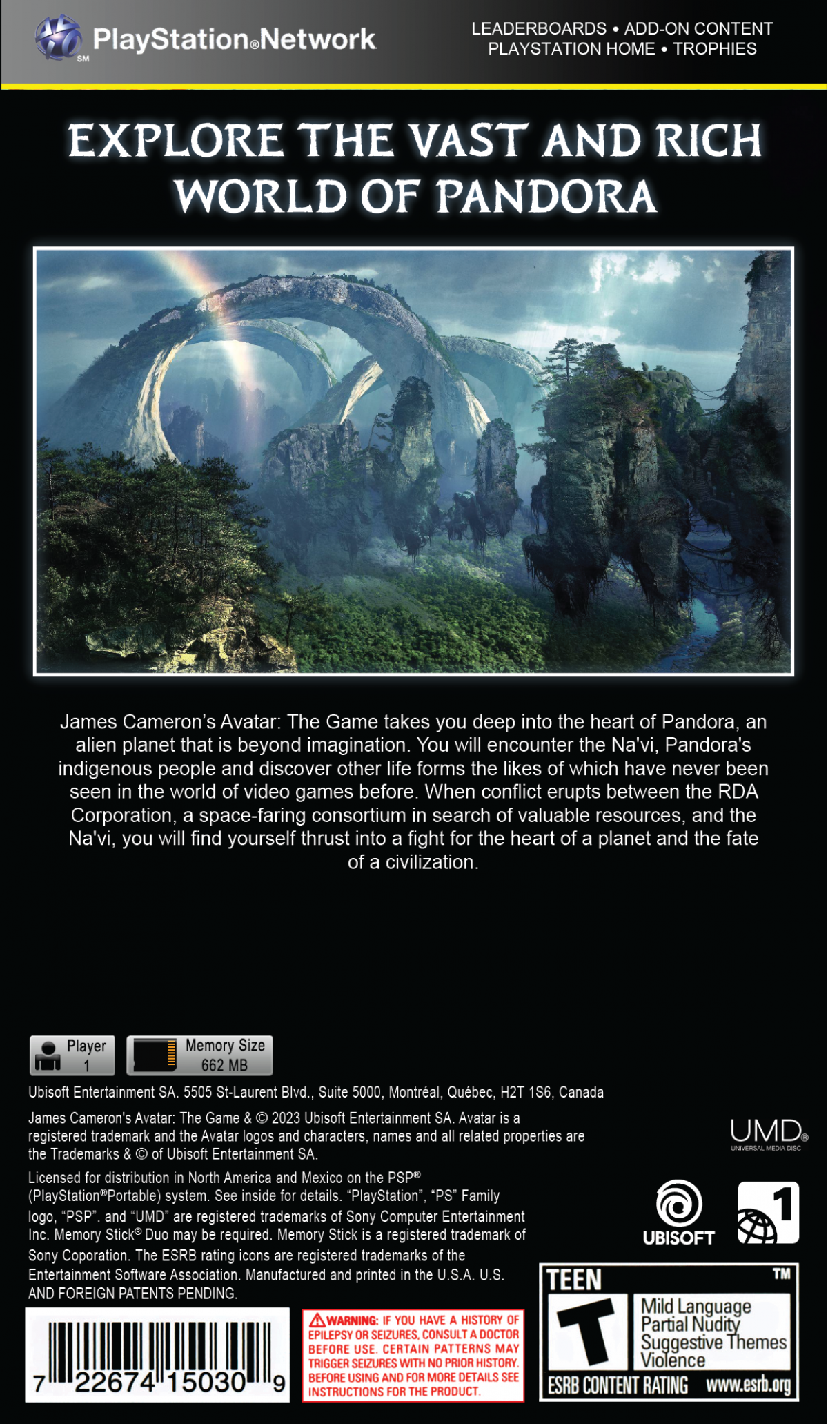 Avatar The Game PlayStation Portable PSP video game, action adventure, sci-fi combat, movie tie-in gameplay, handheld console title back cover