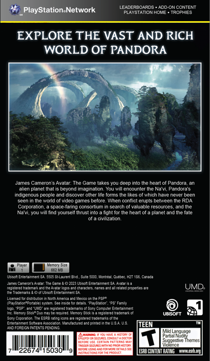 Avatar The Game PlayStation Portable PSP video game, action adventure, sci-fi combat, movie tie-in gameplay, handheld console title back cover