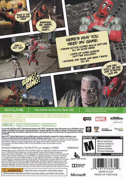 Deadpool Xbox 360 action hack and slash video game fourth-wall breaking humor by Marvel antihero guns sword back cover art