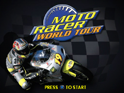 Moto Racer World Tour title card for PlayStation 1 (PS1) retro racing video game