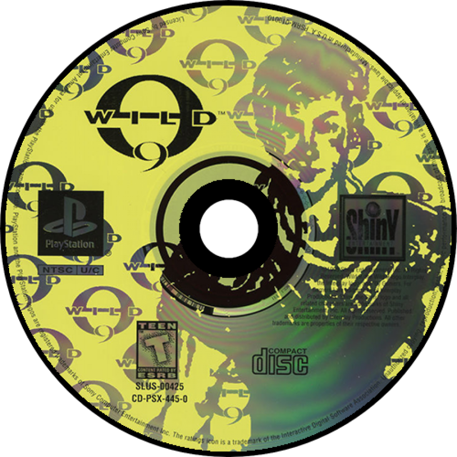 Wild 9 PS1 PlayStation 1 action platformer game sci fi puzzle combat whip based gameplay retro video game disc