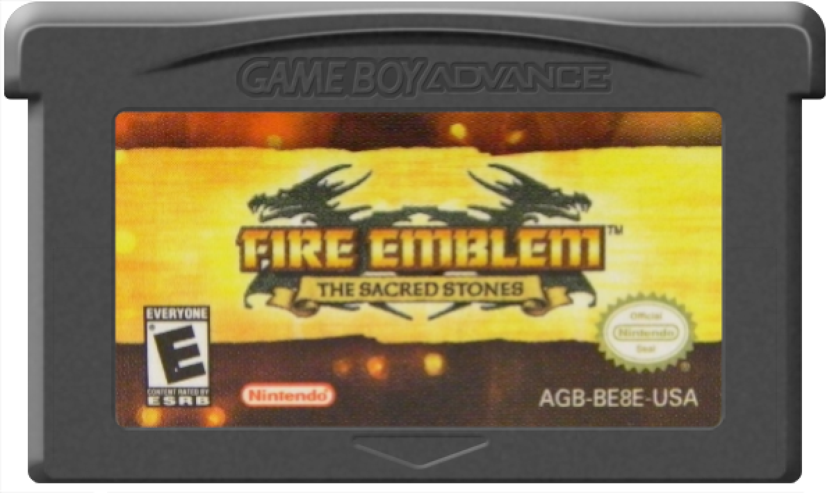 Fire Emblem: The Sacred Stones cartridge for the Game Boy Advance featuring tactical RPG gameplay with grid based battles character recruitment permadeath mechanics and a fantasy storyline set in the continent of Magvel game cartridge