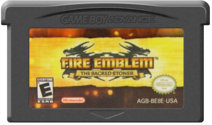 Fire Emblem: The Sacred Stones cartridge for the Game Boy Advance featuring tactical RPG gameplay with grid based battles character recruitment permadeath mechanics and a fantasy storyline set in the continent of Magvel game cartridge
