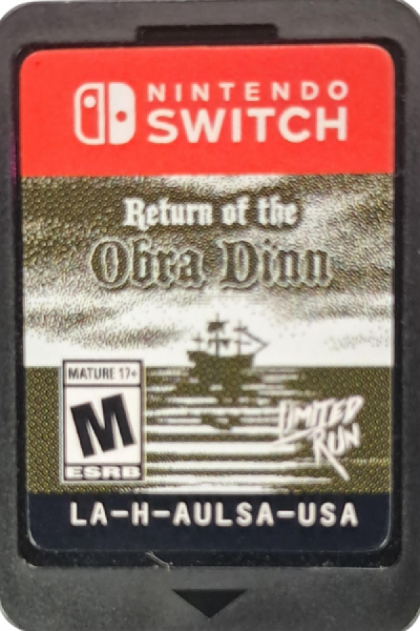 Return of the Obra Dinn Nintendo Switch inspired design featuring mystery adventure investigation aesthetic deduction based gameplay lost merchant ship narrative monochromatic art style intricate puzzle solving atmospheric storytelling presentation cartridge 