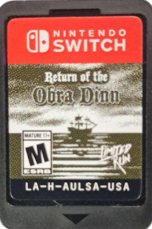 Return of the Obra Dinn Nintendo Switch inspired design featuring mystery adventure investigation aesthetic deduction based gameplay lost merchant ship narrative monochromatic art style intricate puzzle solving atmospheric storytelling presentation cartridge 