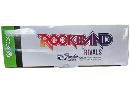 Rock Band Rivals Guitar Bundle Sealed Xbox One XONE video game and accessory bundle featuring rhythm music gameplay guitar controller instrument peripheral rock music performance hit songs band challenges multiplayer party gaming competitive leaderboards guitar strumming note matching rhythm based action sealed packaging collectible Xbox One gaming bundle music game accessory retro video game collection collectible gaming appeal sides of box