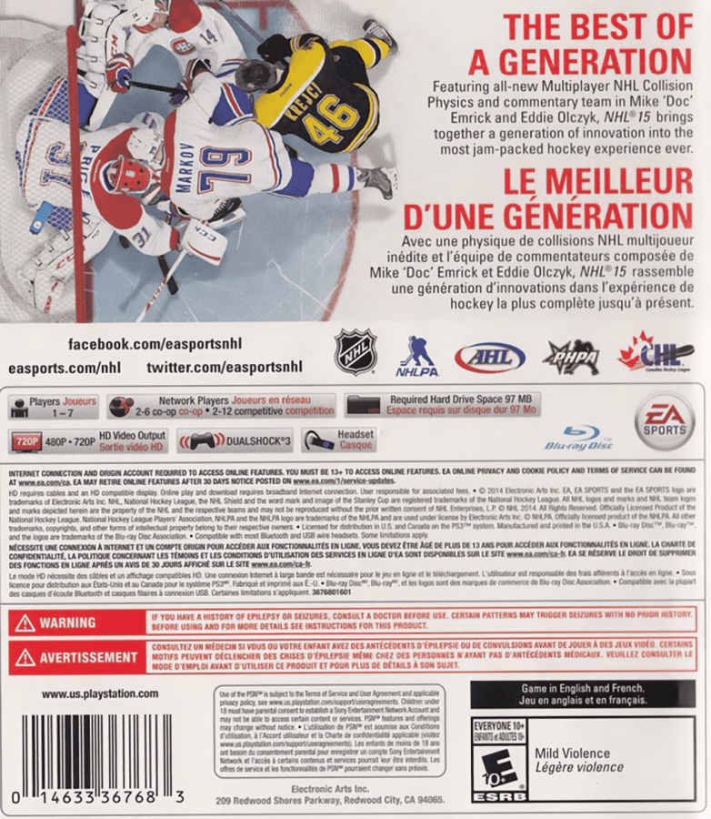 NHL 15 back cover art for PlayStation 3 PS3 video game