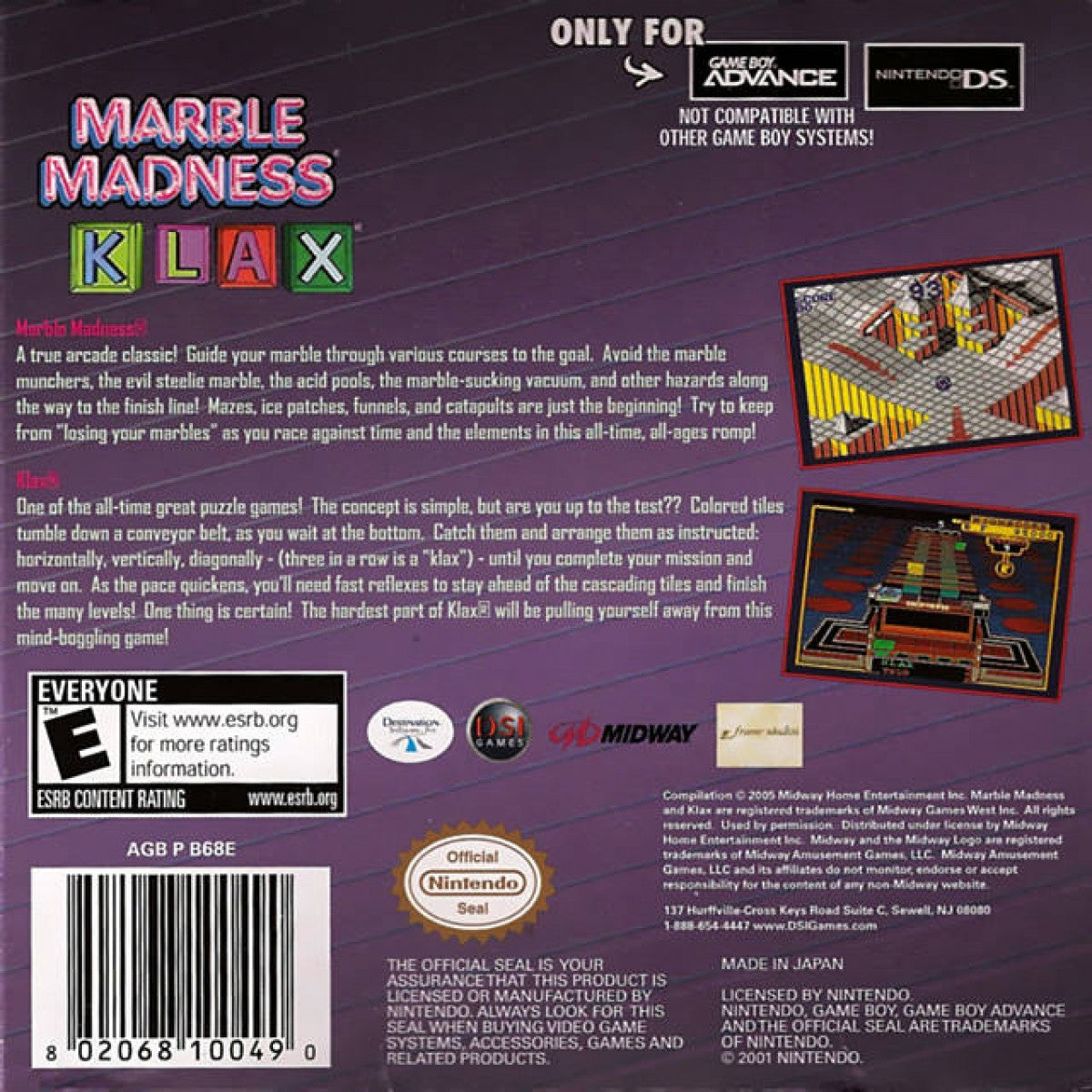Marble Madness Klax retro Game Boy Advance video game Marble Madness puzzle action arcade gameplay Klax tile matching classic handheld console title Game Boy Advance back of case