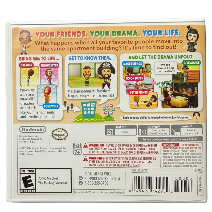 Back of case of Tomodachi Life Complete in Box for Nintendo 3DS, a life simulation and social simulation game featuring Mii characters, with original game case, cartridge, and inserts.