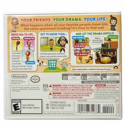 Back of case of Tomodachi Life Complete in Box for Nintendo 3DS, a life simulation and social simulation game featuring Mii characters, with original game case, cartridge, and inserts.